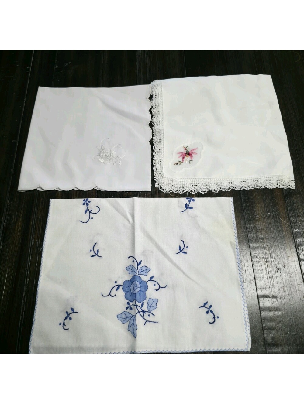 VTG Lot of 3 Handkerchiefs Embroidered Floral Blue White Cotton Lace Scalloped